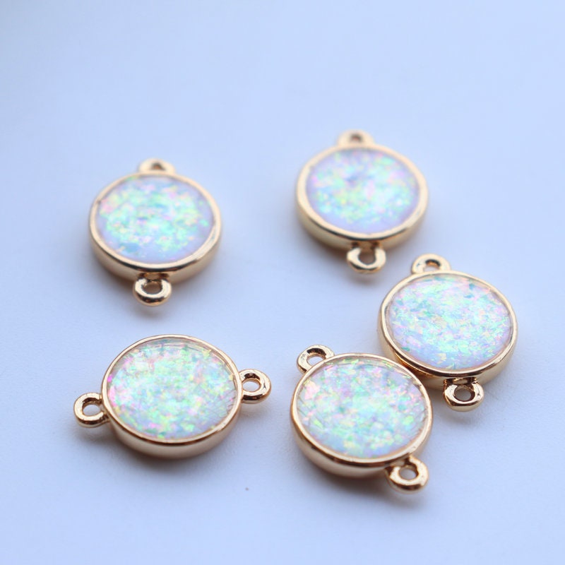 5pcs Faux Opal Round Connectors, Cubic Zircon Crystal Pendant, Bracelet Necklace Pendant, 14K Real Gold Plated, Jewelry Findings JY086-F129