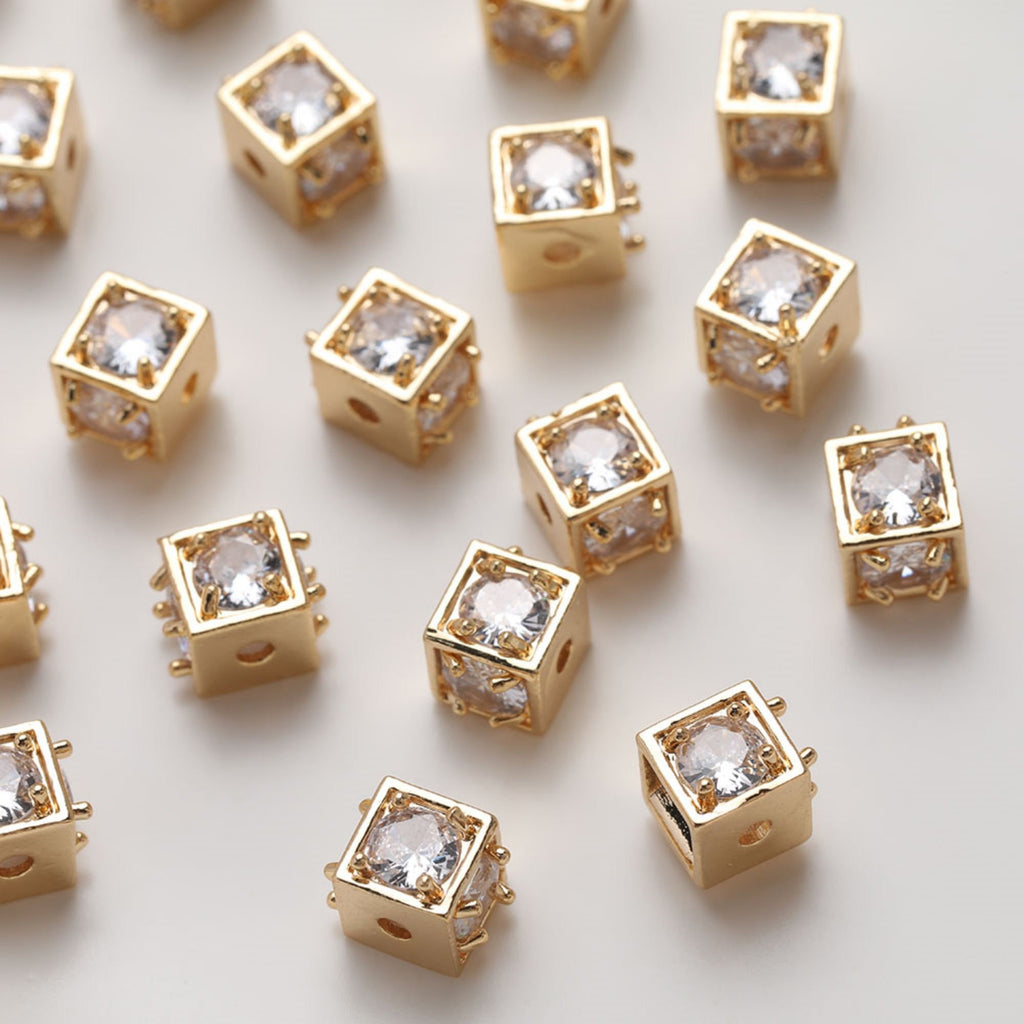 Square Cube Beads, 18K Gold Plated Beads, CZ Pave Bracelet Beads, Square Spacer Beads, Jewelry Finding JG025