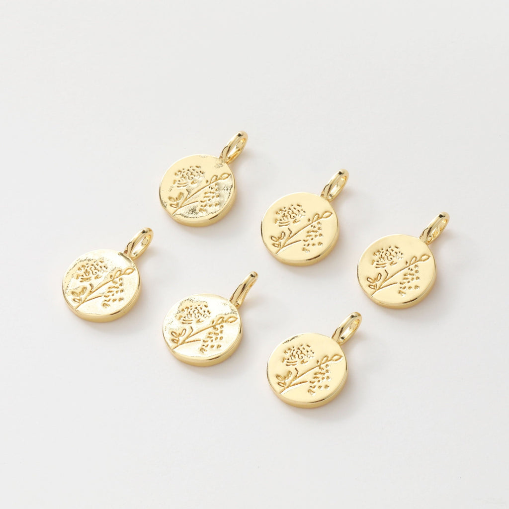 Flower Charm On Round Shape, 18K Gold/Silver Plated, Flower Pendant, Necklace Earring Making Charms, 18mm, Jewelry Findings JH022