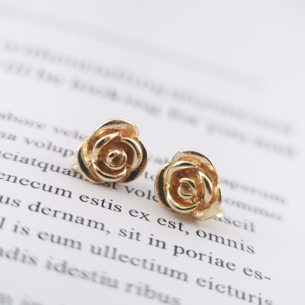4PCS Rose Flower Earring Post, 18K Real Gold Plated Brass Stud Earring With Loop, Nickel Free, Earring Finding ZX057