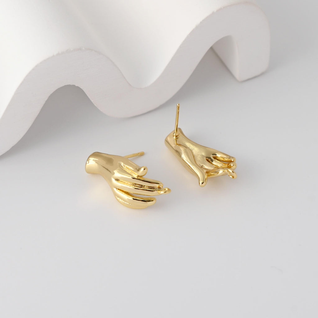 Gold Hand Earrings Post With Loop, 18K Gold Plated, Nickel Free, S925 Silver Pin,Ear Stud Hypoallergenic Earring Findings D0349
