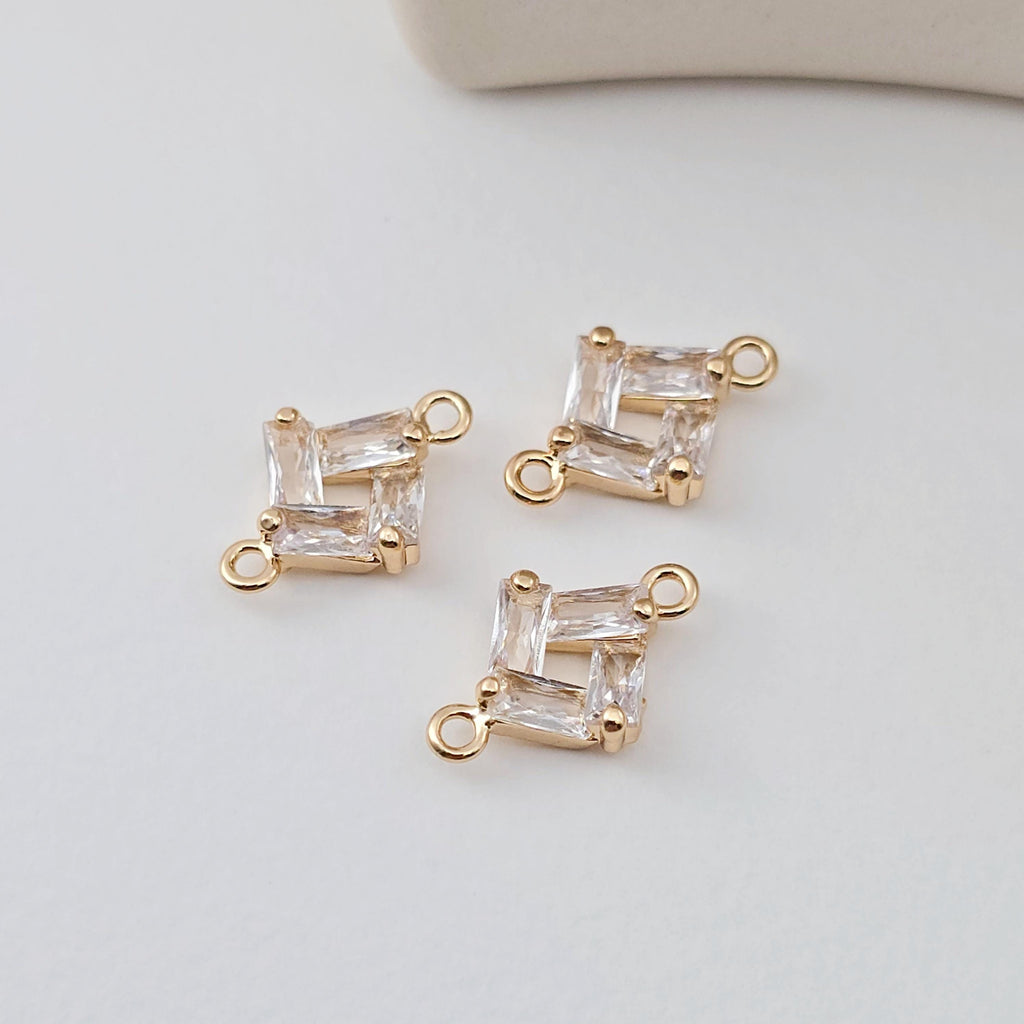 CZ Pave Rhombic Connector, Cubic Pendant, Earring Connectors, Real Gold Plated Brass Earring Charms, Jewelry Findings D0287