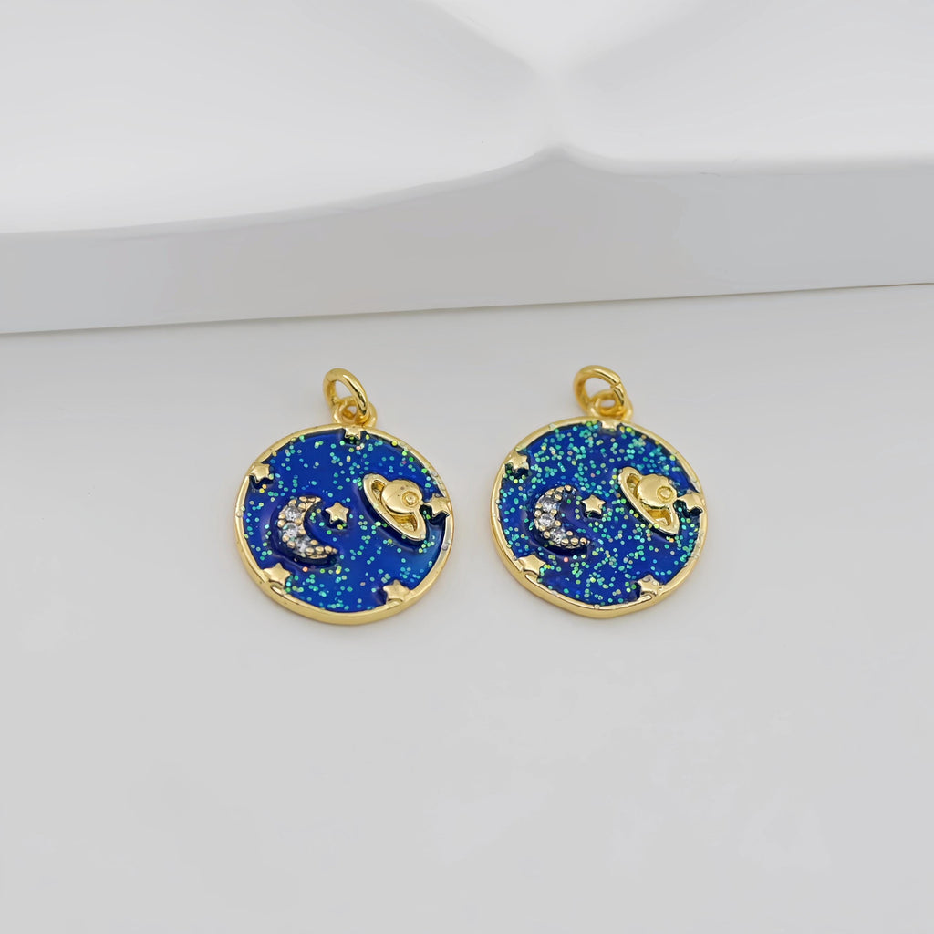 Enamel Cubic Moon & Star Charm, 18K Gold Plated Multicolor Pave Round Pendant, Necklace Making Charm, Jewelry Findings S20769