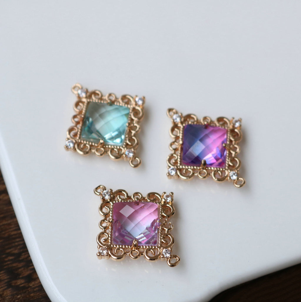 Rhombus Shaped Crystal Pendant, Glass Charm, 14K Gold Plated, CZ Pave, Jewelry Making Findings HL039-F240