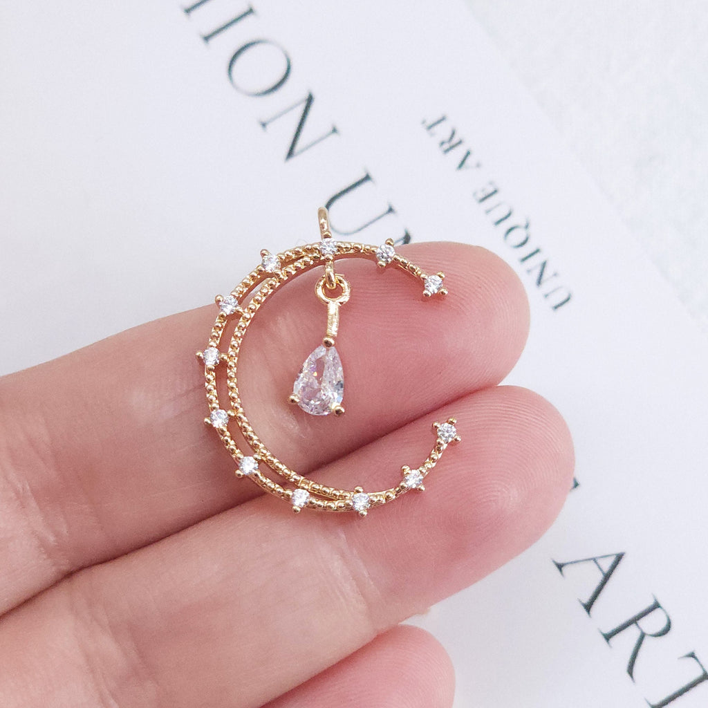 CZ Pave Moon and Star Charm, Cubic Zircon Crystal Pendant, CZ Earring Charms,  Real Gold Plated Earring Charms, Jewelry Findings ZR017-F124