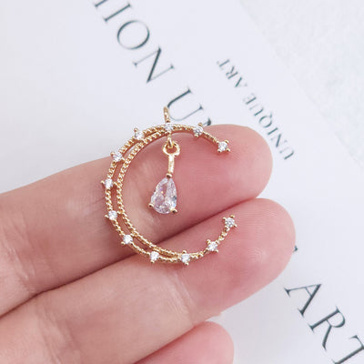 CZ Pave Moon and Star Charm, Cubic Zircon Crystal Pendant, CZ Earring Charms,  Real Gold Plated Earring Charms, Jewelry Findings ZR017-F124