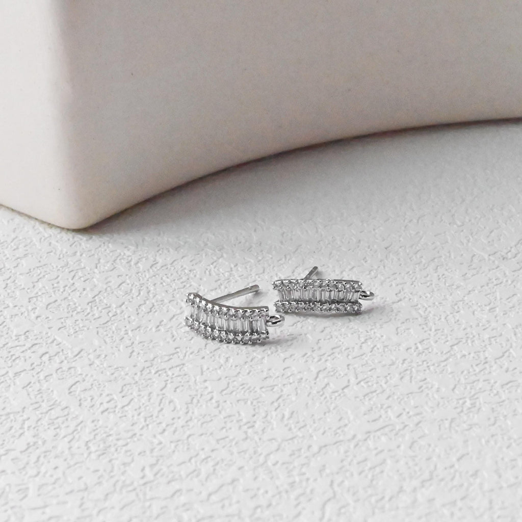 C Shape Ear Post, Nickel Free, CZ Pave, 13*4.8mm, S925 silver pin, 18K Gold Plated Stud Earring Finding D0443