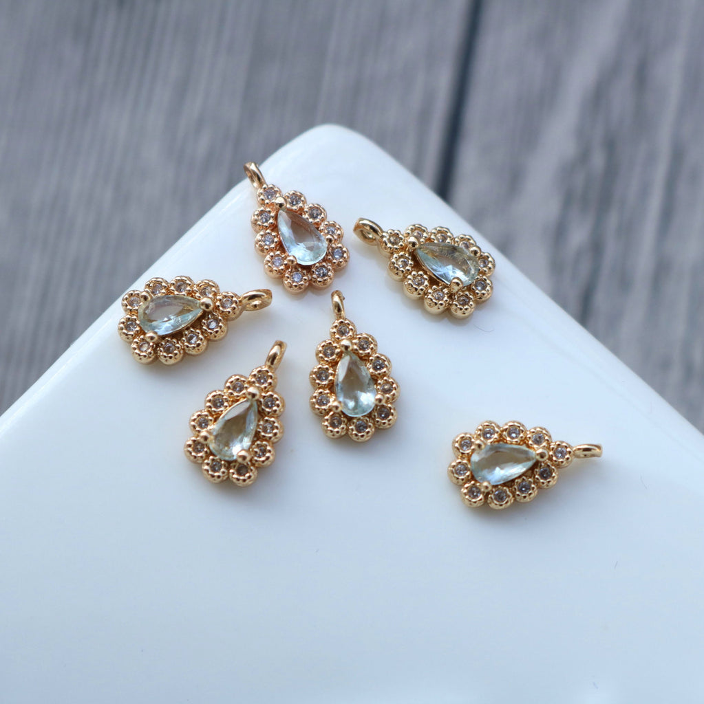 10pcs Flower Drop Charm, Cubic Zircon Crystal Flower Pendant, Real Gold Plated Brass Earring Charms, Jewelry Findings HL081-F118