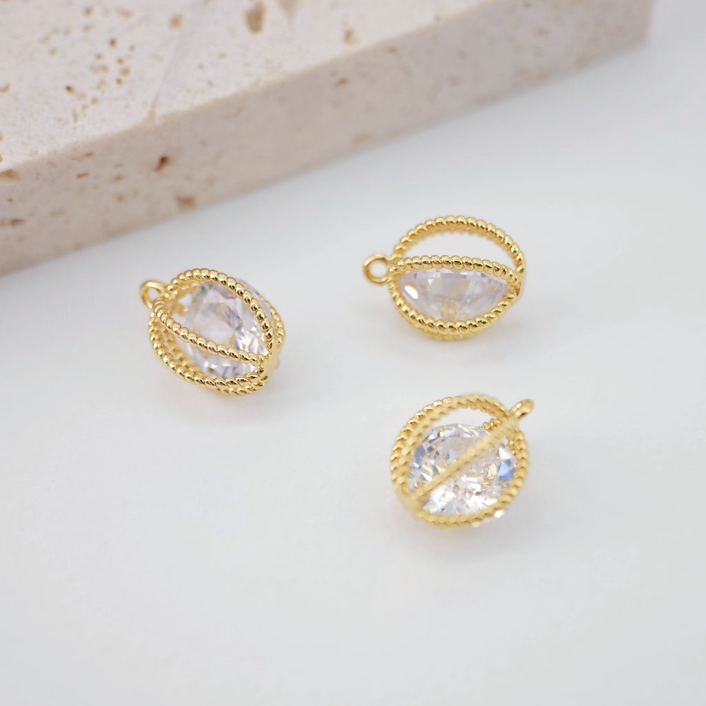 2 dijes ovalados flotantes con interior cúbico transparente, colgante ovalado 3D chapado en oro de 18 quilates, accesorios de joyería S756