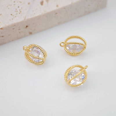 2pcs Floating Clear Cubic Inside Oval Charms, 18K Gold Plated 3D Oval Pendant, Jewelry Findings S756