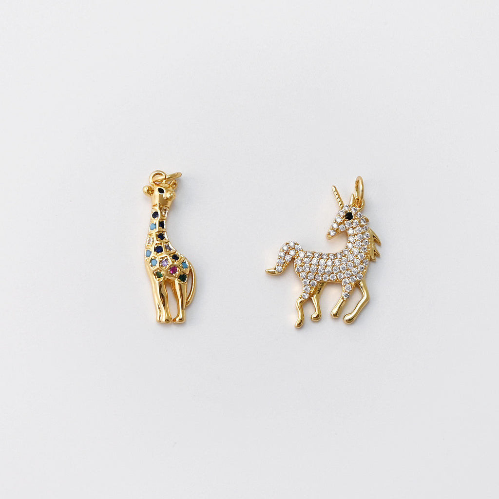 Giraffe Pendant, Unicorn Pendant, 18K Gold Plated Animal Charm, Multicolor Pave CZ, Bracelet Necklace Making Charm, Jewelry Findings