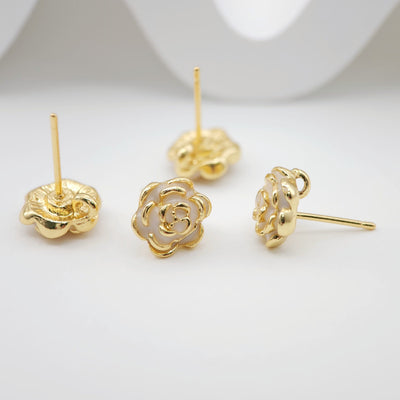 قرط زهرة الكاميليا مع حلقة، قرط نحاسي مطلي بالذهب الحقيقي عيار 18 قيراطًا مع حلقة، خالٍ من النيكل، أداة العثور على القرط S1102