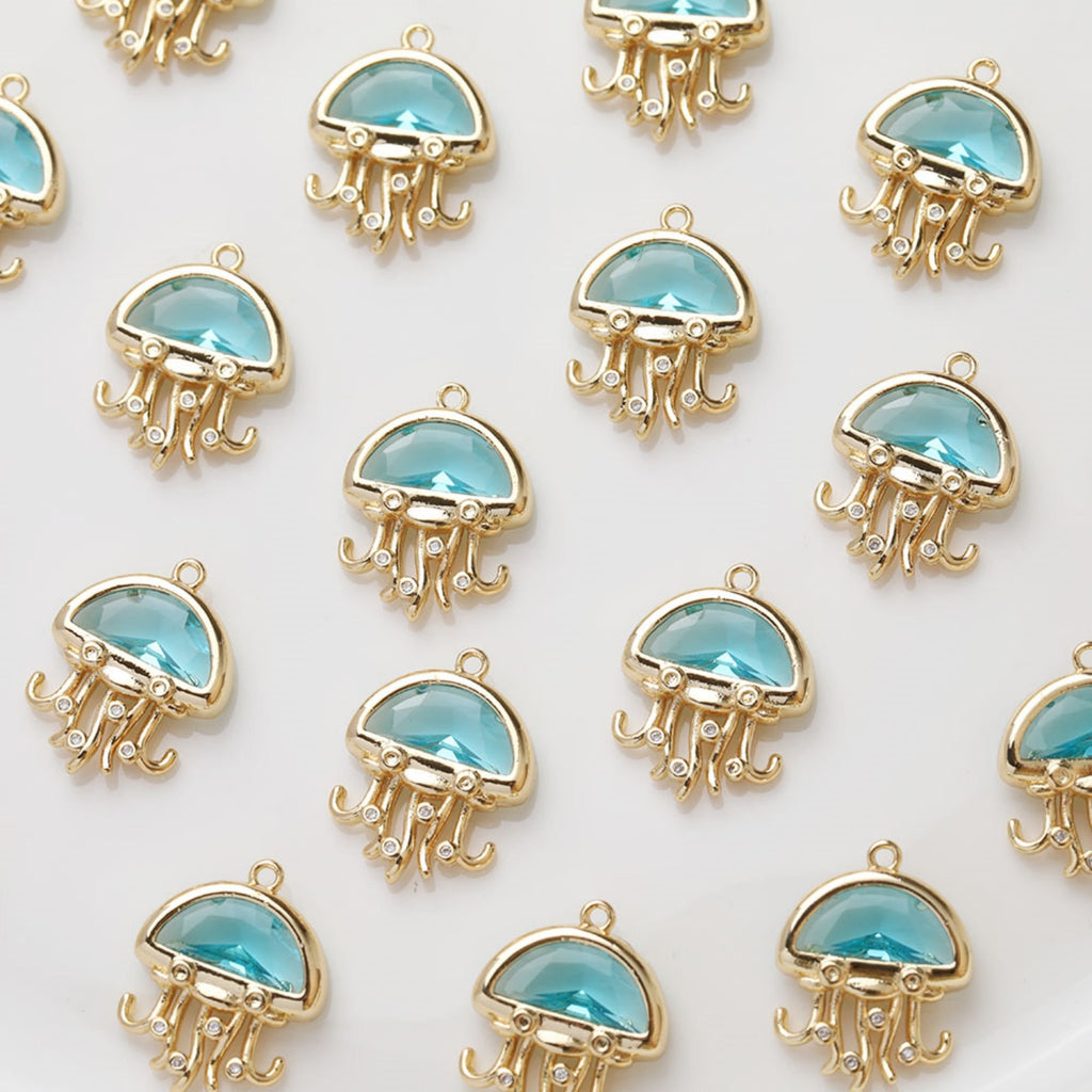 Blue Crystal Jellies Charms, Marine Blue, 14K Gold Plated Pendant, Bracelet Necklace Making Pendants, Jewelry Findings GZ408