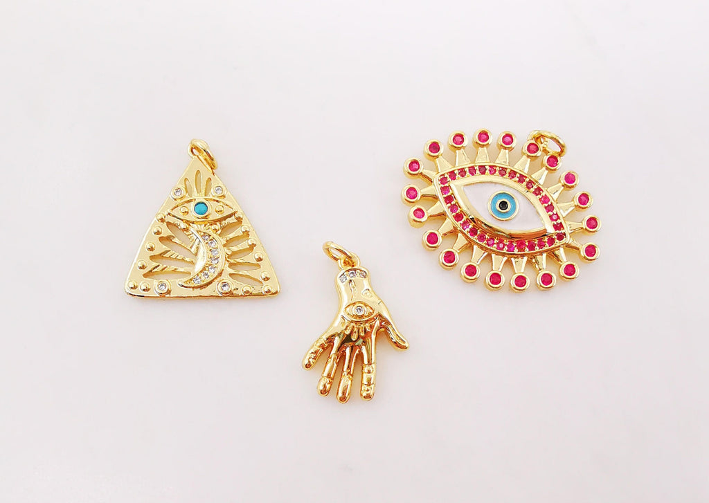 Evil Eye Charm, Hamsa Hand Pendant, Triangular Charm, 18K Gold Plated CZ Pave Eye Pendant, Necklace Making Charm, Jewelry Findings S996