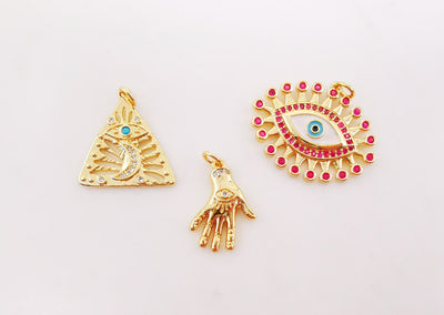 Evil Eye Charm, Hamsa Hand Pendant, Triangular Charm, 18K Gold Plated CZ Pave Eye Pendant, Necklace Making Charm, Jewelry Findings S996