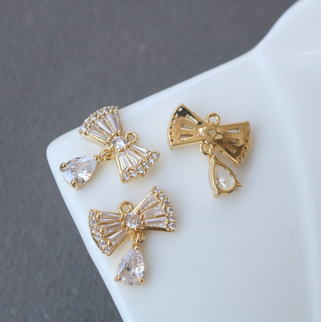 10pcs Flower Charm, Cubic Zircon Bow Pendant, Drop CZ Earring Charms,  Real Gold Plated Brass Earring Charms, Jewelry Findings HL096-F110