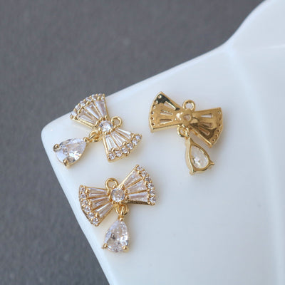 10pcs Flower Charm, Cubic Zircon Bow Pendant, Drop CZ Earring Charms,  Real Gold Plated Brass Earring Charms, Jewelry Findings HL096-F110