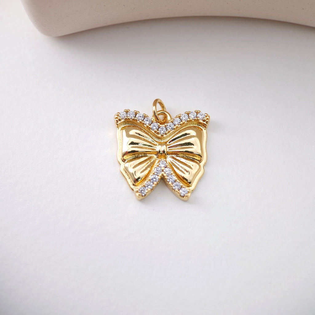 CZ Pave Bow Tie Charm, Cubic Zircon Crystal Bow Tie Pendant, Bracelet Necklace Pendant, Gold Plated, Jewelry Findings S1224