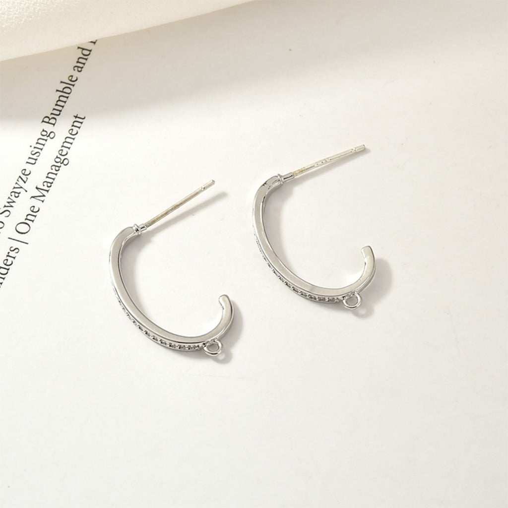 C Shape Earrings Post With Loop, 14K Gold/Silver Plated, S925 Silver Ear Pin Nickel Free Earrings, Pave Cubic Stone, Earring Findings YL002