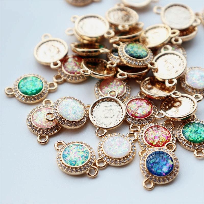 5pcs Faux Opal Round Connectors, Cubic Zircon Crystal Pendant, Bracelet Necklace Pendant, 14K Real Gold Plated, Jewelry Findings JY082-F236