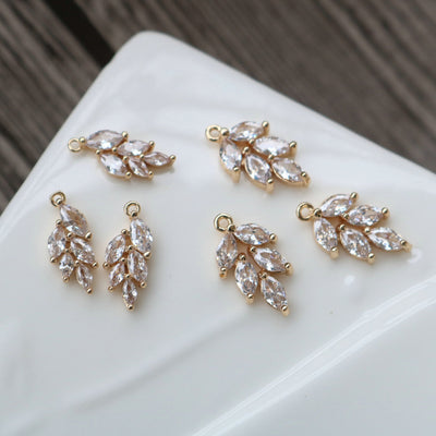 2PCS CZ Pave Leaves Charm, Cubic Zircon Crystal Leaf Pendant, Necklace Pendant, Gold Plated Charm, Jewelry Findings HL049-F012