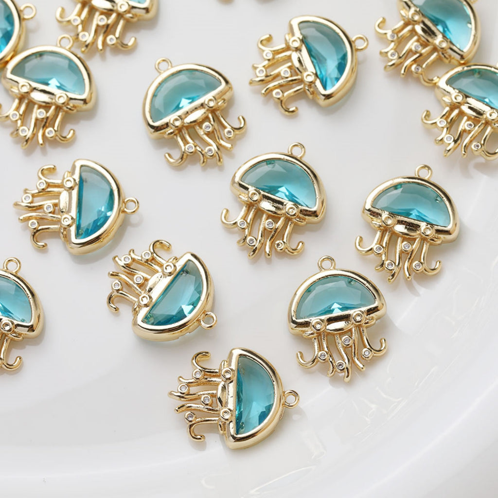 Blue Crystal Jellies Charms, Marine Blue, 14K Gold Plated Pendant, Bracelet Necklace Making Pendants, Jewelry Findings GZ408
