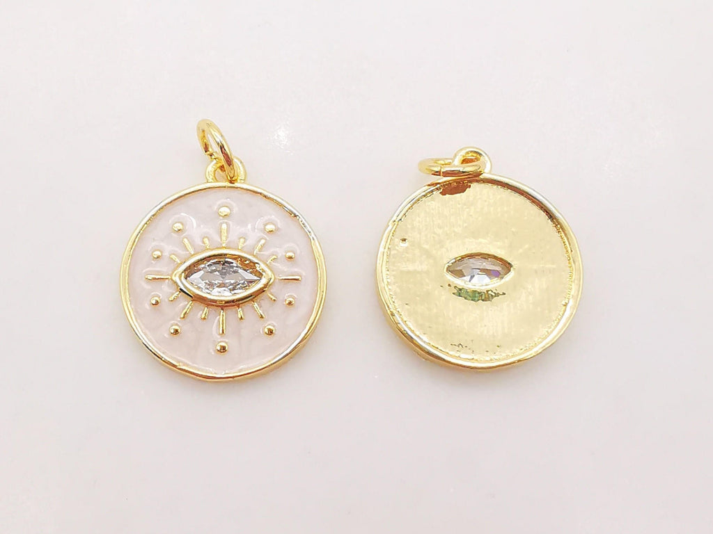 Enamel Cubic Evil Eye Charm, 18K Gold Plated Micro CZ Pave Round Pendant, 15mm, Necklace Making Charm, Jewelry Findings S128