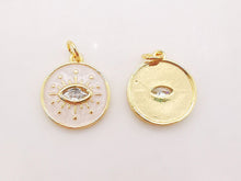 Load image into Gallery viewer, Enamel Cubic Evil Eye Charm, 18K Gold Plated Micro CZ Pave Round Pendant, 15mm, Necklace Making Charm, Jewelry Findings S128