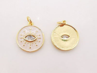 Enamel Cubic Evil Eye Charm, 18K Gold Plated Micro CZ Pave Round Pendant, 15mm, Necklace Making Charm, Jewelry Findings S128