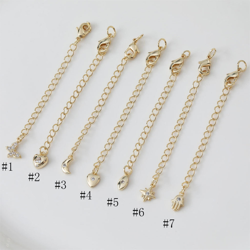 سلسلة تمديد بمشبك مخلب جراد البحر بطول 73.4 مم، يد، قمر، فراشة، قلادة مطلية بالذهب عيار 14 قيراطًا، نتائج صنع السوار ZZ047