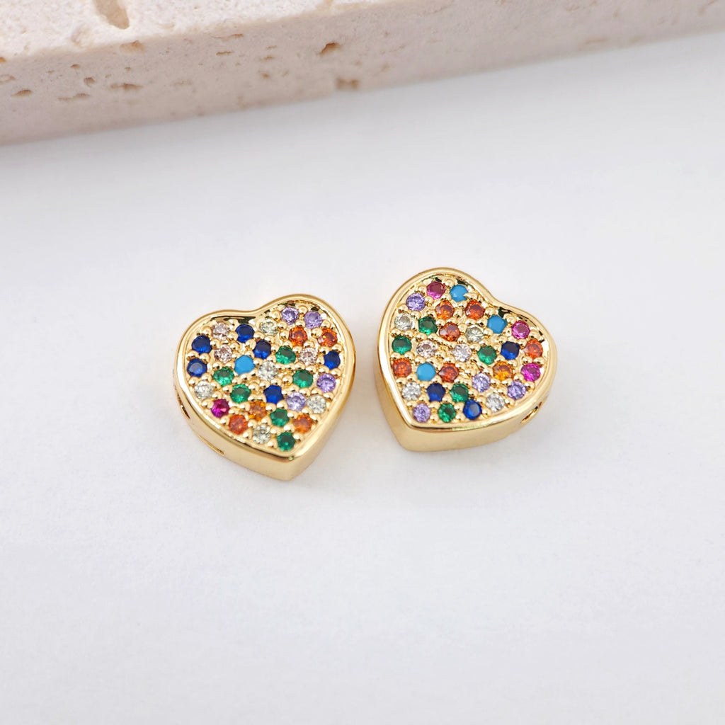 Heart Spacer Beads, 18K Gold Plated, Rainbow Pave Cubic Beads,  9.6mm, Heart Pendant, Jewelry Making Supplies S20611