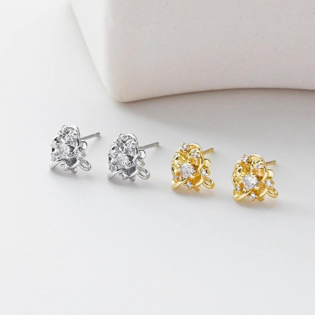 Poste para pendientes con forma de rosa, pendiente de botón de latón chapado en oro auténtico de 18 quilates con aro, pavé de circonitas cúbicas, sin níquel, fornitura D0450