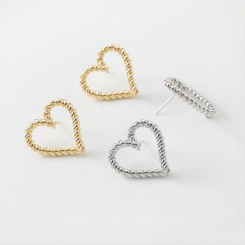 Gold Vintage Heart Earring Post, 24mm, S925 Silver Ear Pin Nickel Free Earrings, Ear Stud Loop, Hypoallergenic Earring Findings GE005