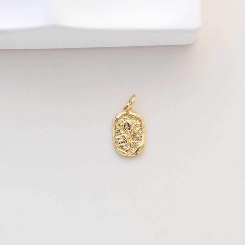 Flower Charm On Oval Shape, 18K Gold Plated, Rectangular Flower Pendant, Necklace Earring Making Charms, Jewelry Findings S1326