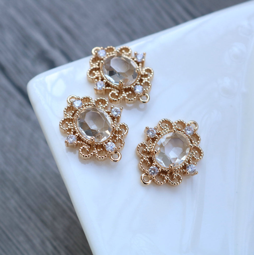 10pcs Flower Oval Charm, Cubic Zircon Crystal Flower Pendant, Real Gold Plated Brass Earring Charms, Jewelry Findings HL079-F119