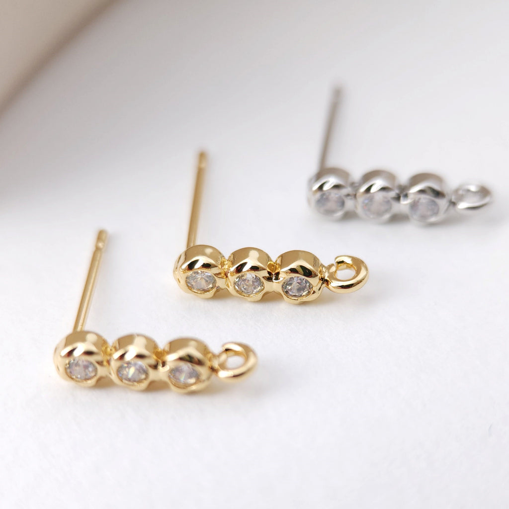 Tiny Ear Post with Loops, S925 Silver Ear Pin Nickel Free, Micro CZ Pave, 13.2*3.5mm, 18K Gold Plated Stud Earring Finding S1193