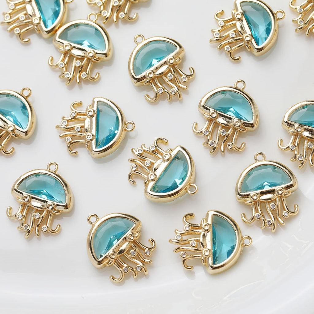Blue Crystal Jellies Charms, Marine Blue, 14K Gold Plated Pendant, Bracelet Necklace Making Pendants, Jewelry Findings GZ408