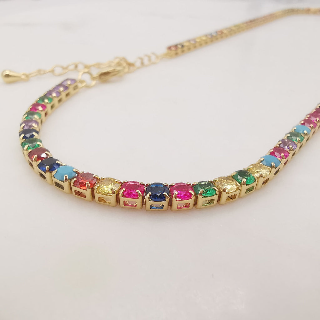Rainbow Tennis Necklace, Tennis Chocker, 18K gold/Silver, 3mm, Adjustable, Finish Crystals Chain, READY TO WEAR S20319