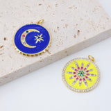 Enamel Sun Charm, Cubic Sunshine Round Pendant, 18K Shiny Gold Plated Micro CZ Pave, 25mm, Necklace Making Charm, Jewelry Findings S1084