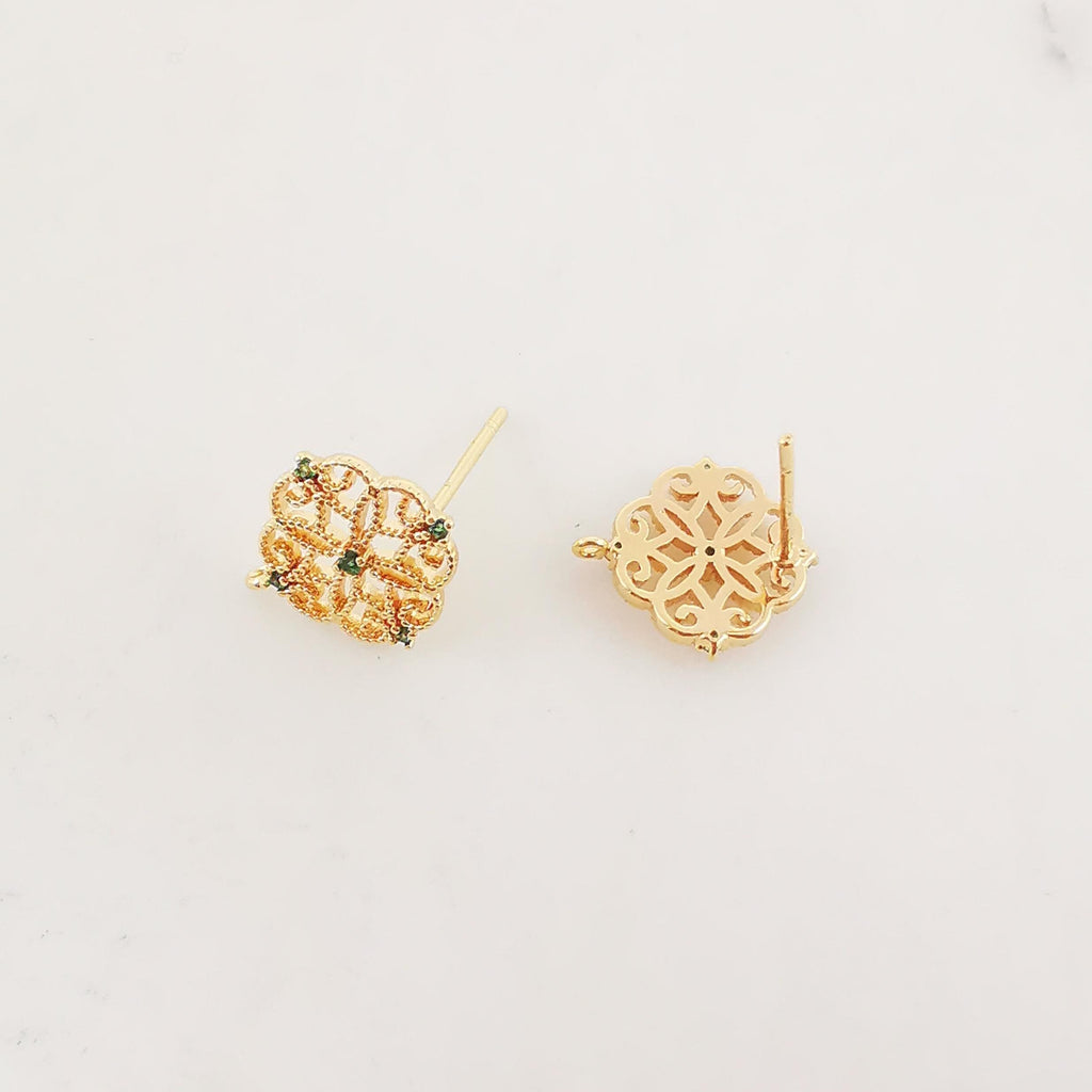 4PCS  Openwork Flower Ear Post with Loops, S925 Silver Ear Pin Nickel Free, Micro CZ Pave, 12mm, 18K Gold Plated Stud Earring Finding ZX017