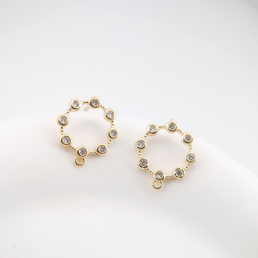 4PCS Circle Ear Post with Loops, S925 Silver Ear Pin Nickel Free, Micro CZ Pave, 13mm, 18K Gold Plated Circle Stud Earring Finding ZX047