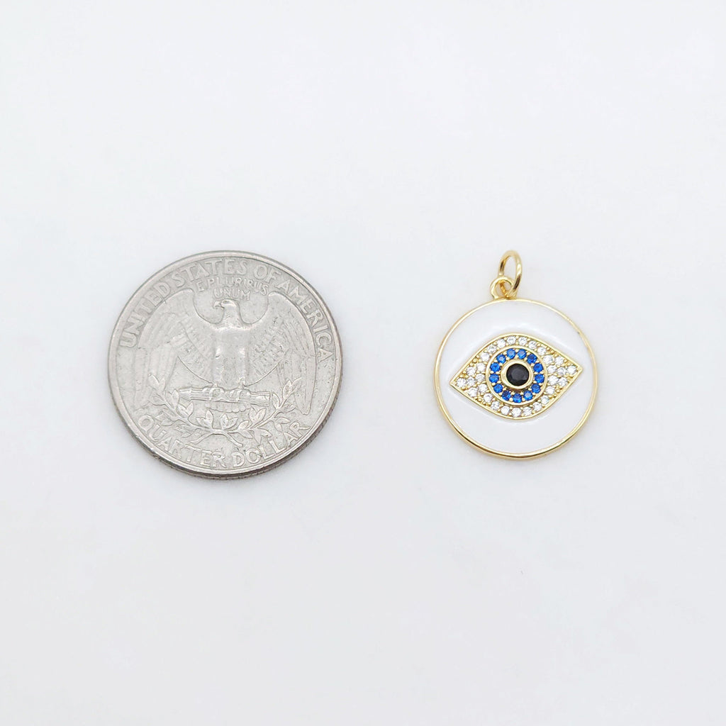 Enamel Cubic Evil Eye Charm, 18K Gold Plated Micro CZ Pave Round Pendant, 19mm, Necklace Making Charm, Jewelry Findings S20505