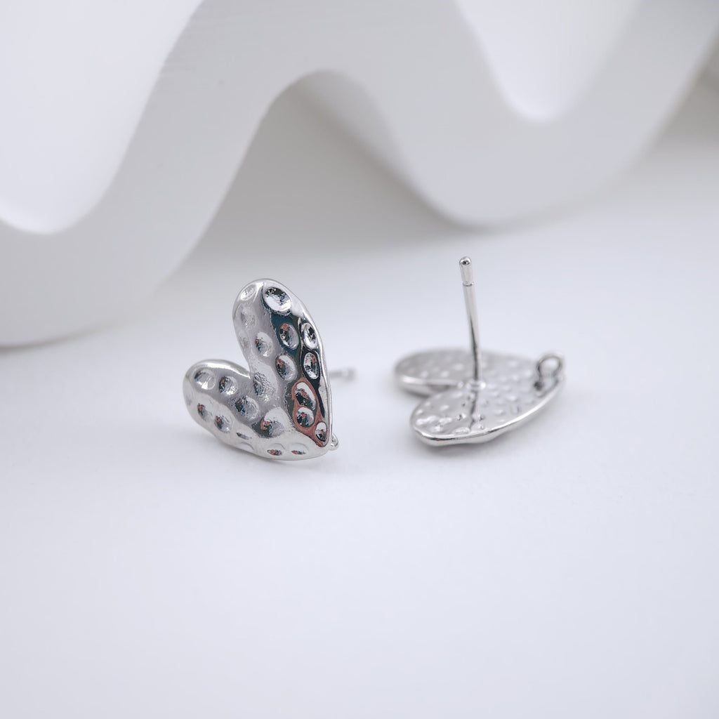 Hammered Heart Earring Post, 18K Gold/Silver, S925 Silver Pin Nickel Free Earrings, Heart Shape Ear Stud with Loop ZX242