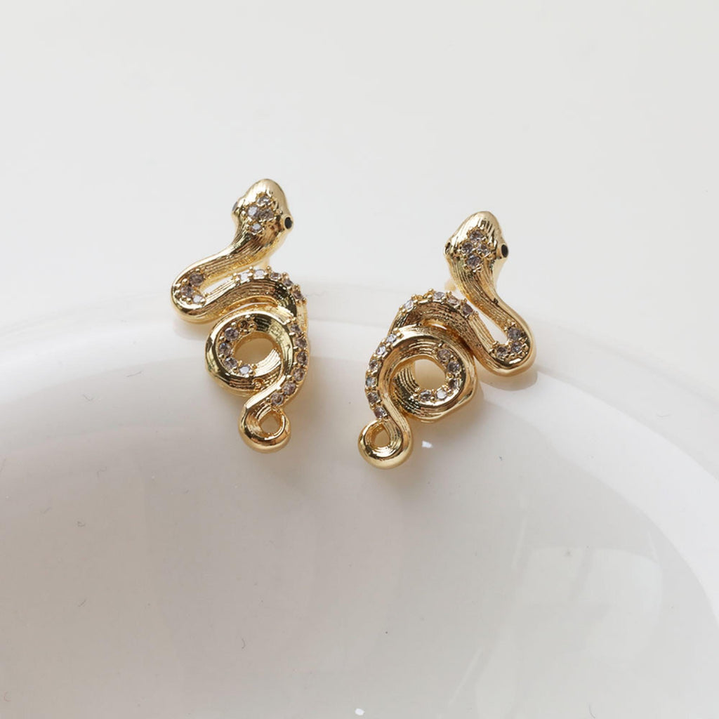Snake Earrings Post With Loop, 18K Gold Plated, CZ Pave, Nickel Free, S925 Silver Pin, Ear Stud Hypoallergenic Earring Findings GZ779