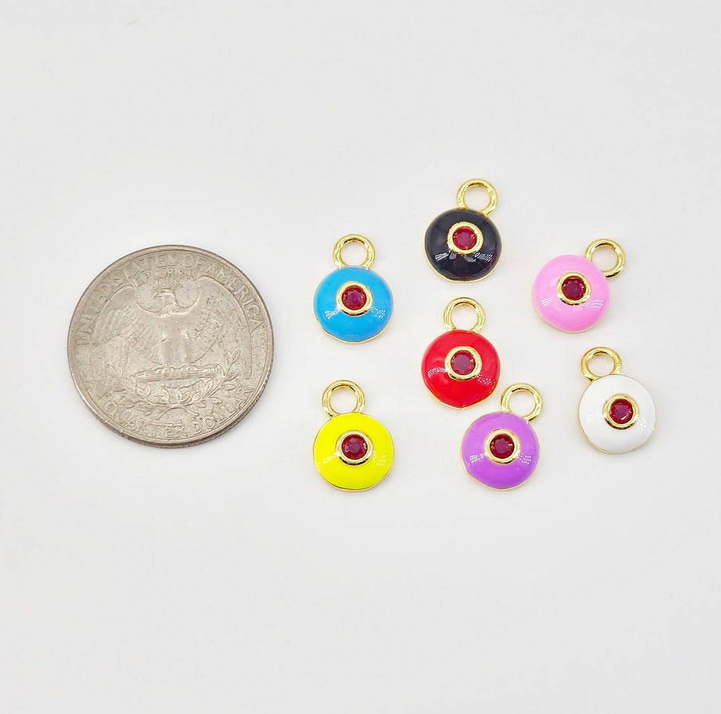 Enamel Cubic Evil Eye Charm, 18K Gold Plated Micro CZ Pave Round Pendant, 9x13mm, Necklace Making Charm, Jewelry Findings S20803