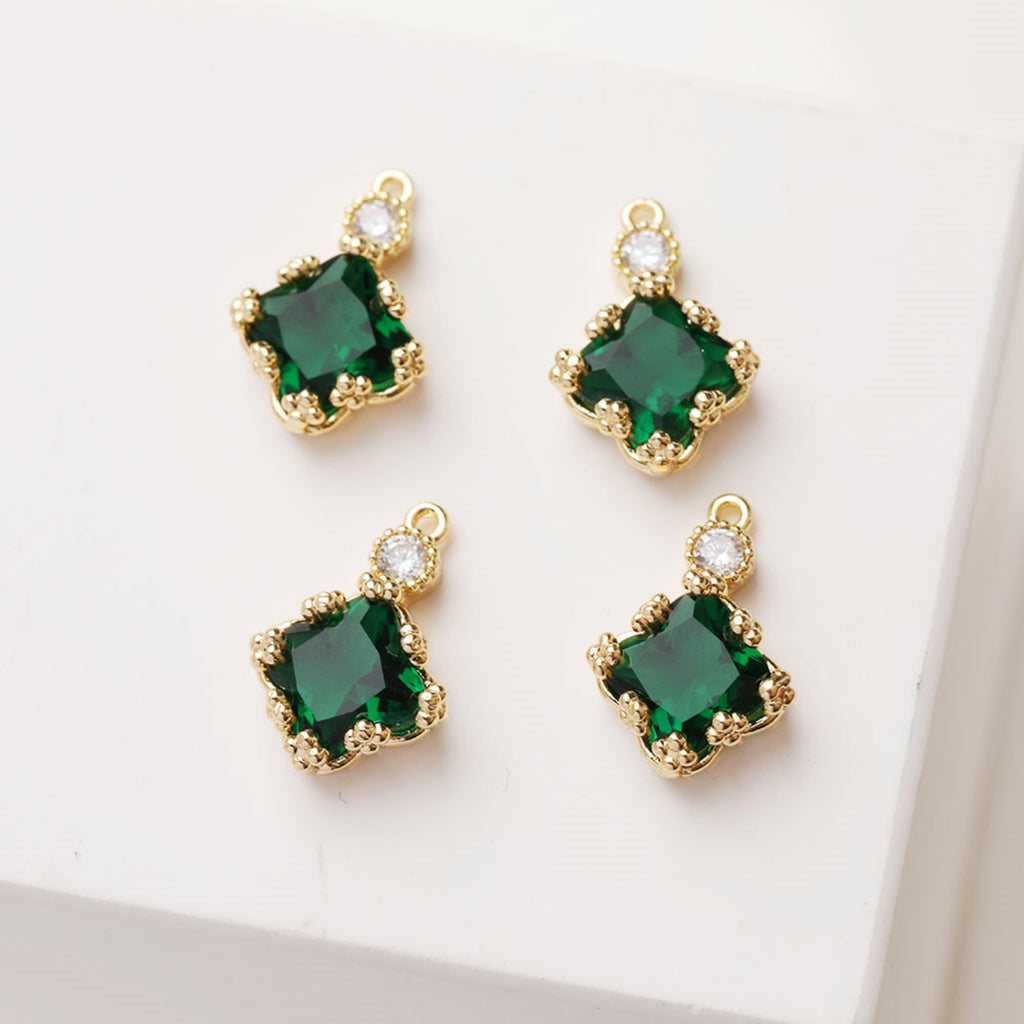 Four-leaf Clover Flower Crystal Charm with loops, Rhinestone Pendant, Bracelet Necklace Making, Gold Plated Jewelry Findings GZ381