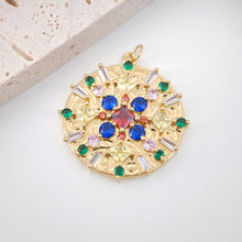 Load image into Gallery viewer, Multicolor Cubic Pave Round Charm, 18K Gold Plated Round Pendant, 35mm, Necklace Making Charm, Jewelry Findings S20568