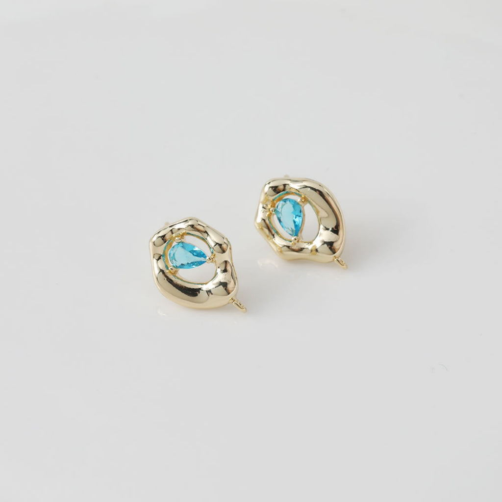 Irregular Zirconia Earring Post, 14K Gold/Silver, Blue CZ, S925 Silver Pin Nickel Free Earrings, Eye Shape Ear Stud with Loop BB032