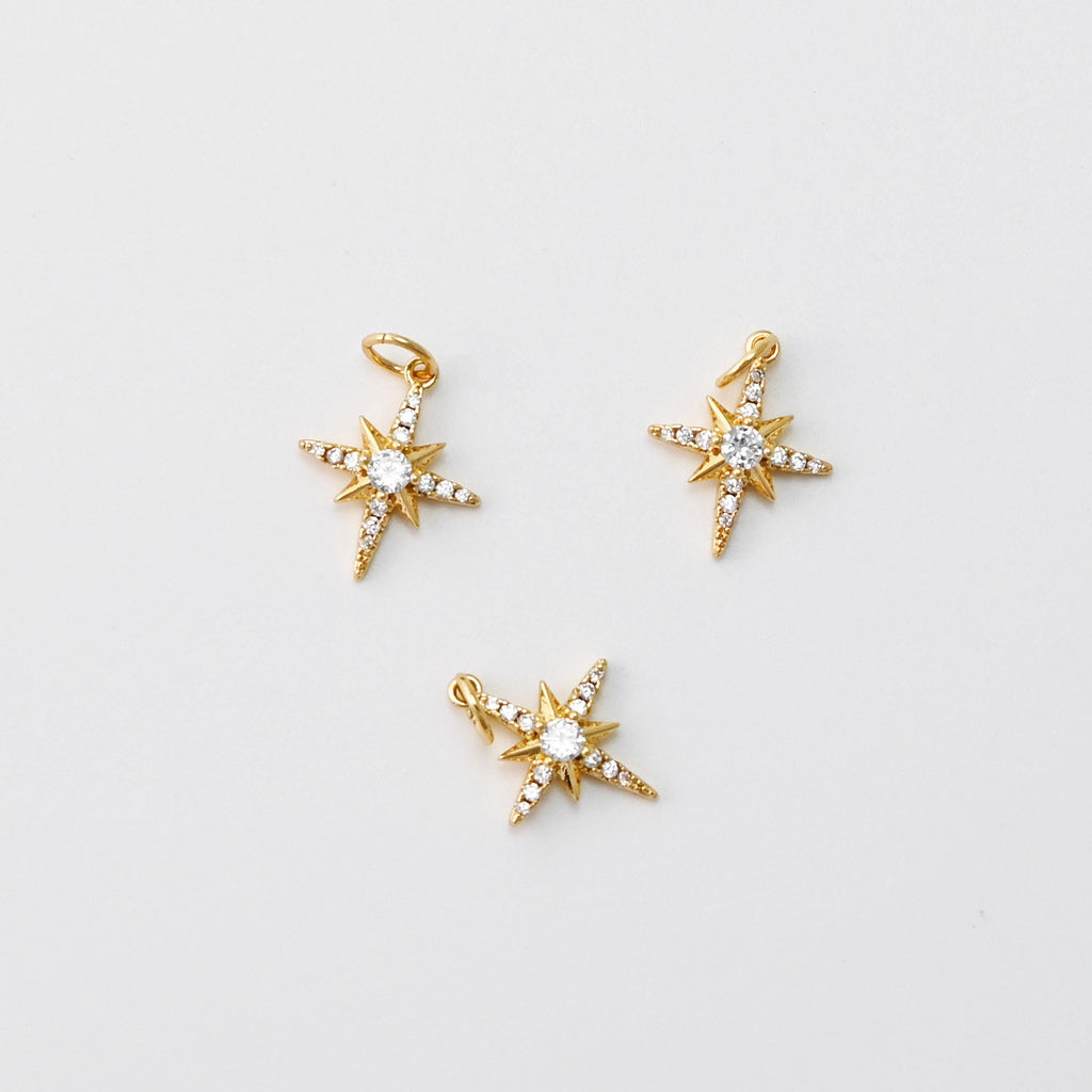 Moon and Star Charms, CZ Pave Star Pendant, North Star Charm, 18K Gold Plated, Necklace charms, Jewelry Findings S706
