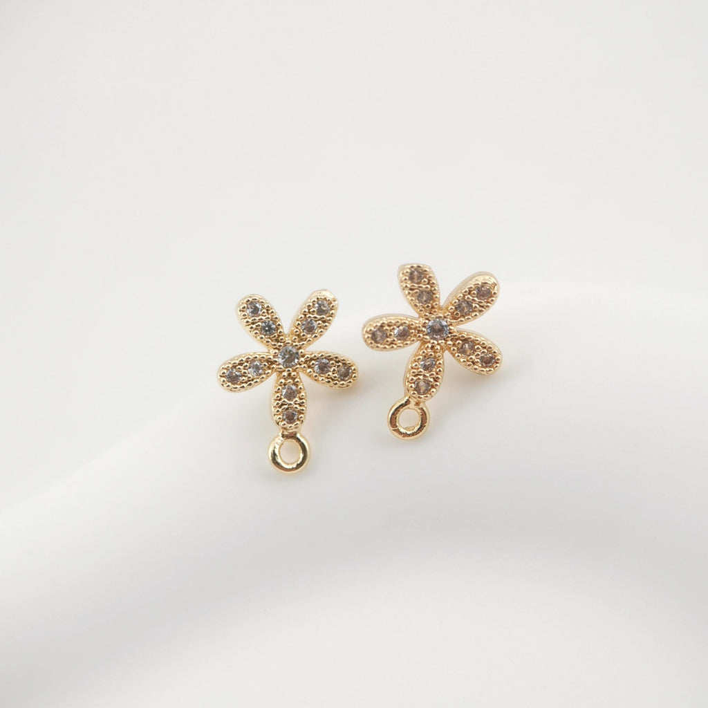 4PCS Flower Earring Post, Real Gold Plated Brass Stud Earring With Loop, S925 Silver Ear Pin, CZ Pave Ear Post, Earring Finding ZX044